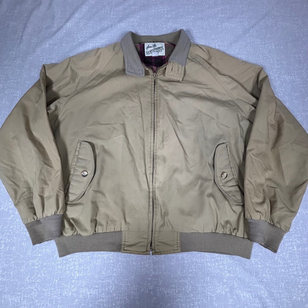 VTG Sears Roebuck & Co Harrington Jacket Mens XL Tan Plaid Lined Full Zip *Flaws